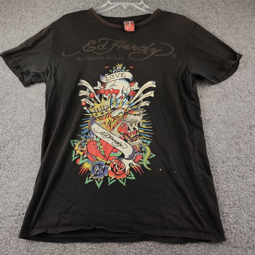 VTG Y2K Ed Hardy Christian Audigier Tiger Skull Love T-Shirt Sz Large Faded